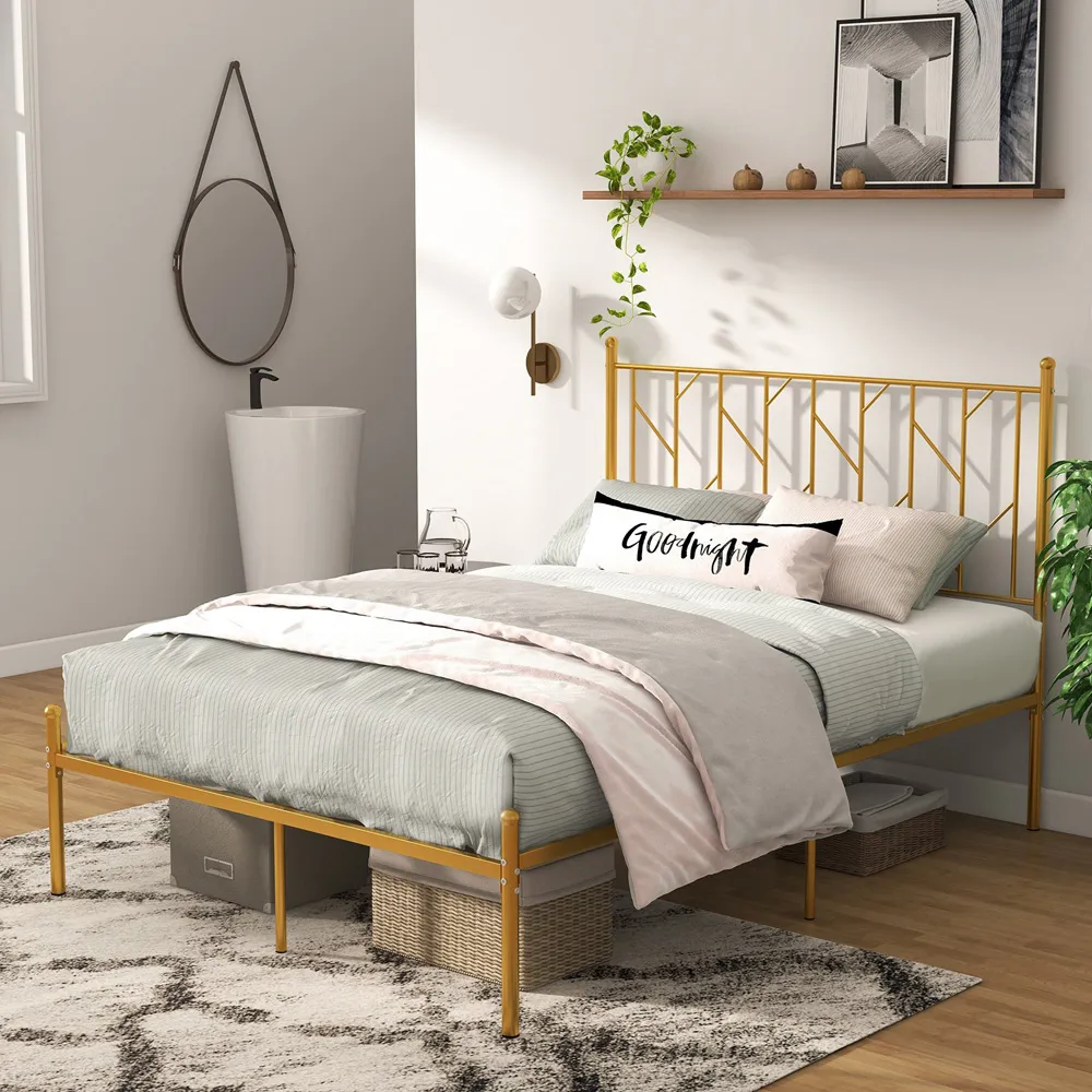 Double Metal Platform Bed Frame with Headboard - Gold