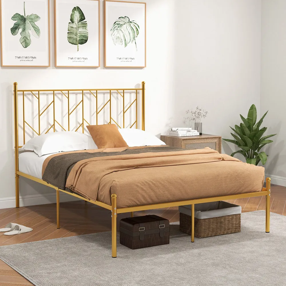 Double Metal Platform Bed Frame with Headboard - Gold