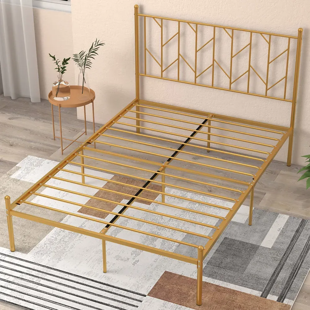 Double Metal Platform Bed Frame with Headboard - Gold