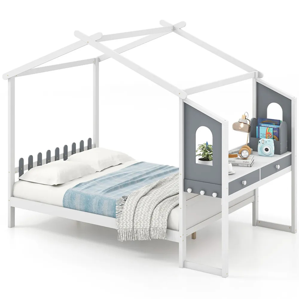 Double Montessori House Bed Frame with Desk - White, Wood