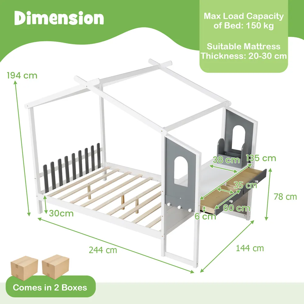 Double Montessori House Bed Frame with Desk - White, Wood