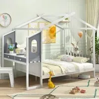 Double Montessori House Bed Frame with Desk - White, Wood