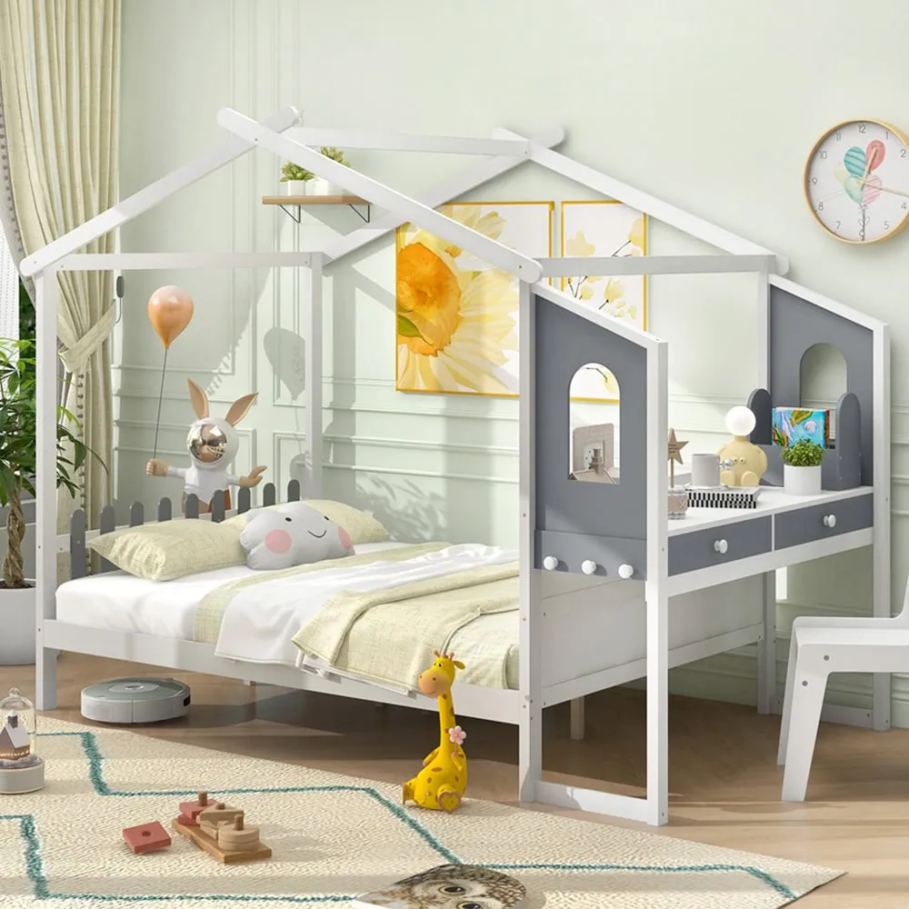 Double Montessori House Bed Frame with Desk - White, Wood