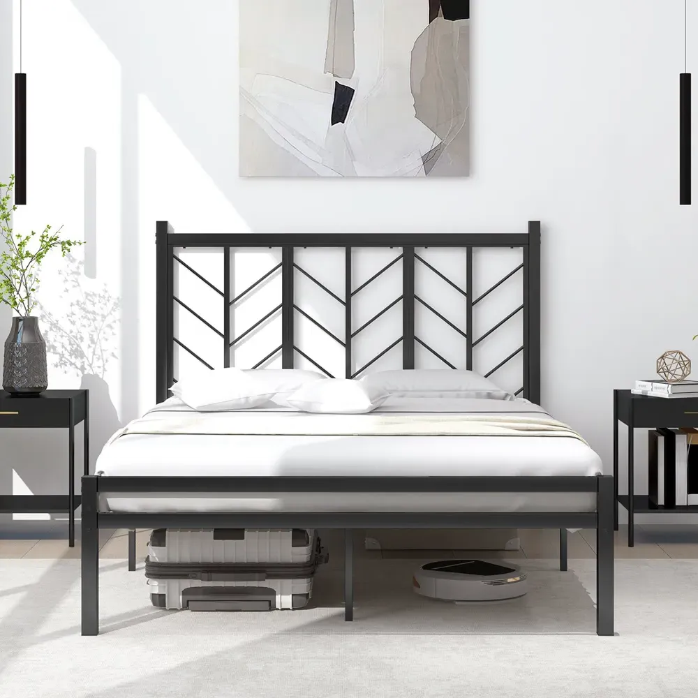 Double Platform Bed Frame with Branch Headboard - Black
