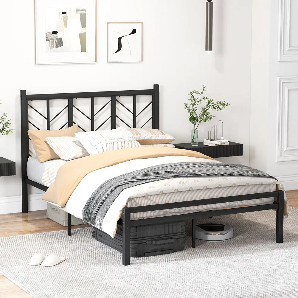 Double Platform Bed Frame with Branch Headboard - Black