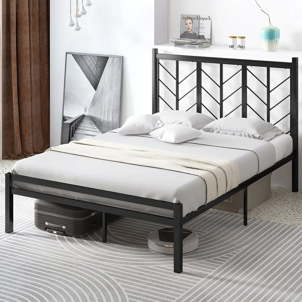 Double Platform Bed Frame with Branch Headboard - Black