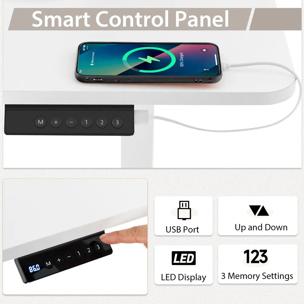 Electric Height Adjustable Standing Desk with USB Port - Grey