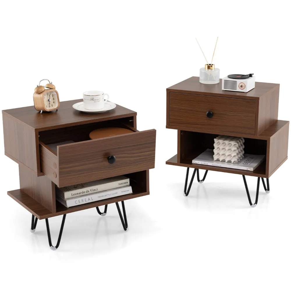 End Table Set of 2 with Storage Drawer - Walnut