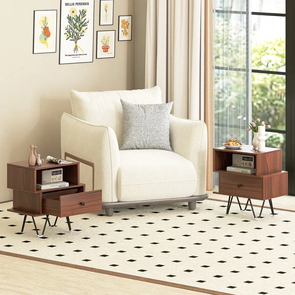 End Table Set of 2 with Storage Drawer - Walnut