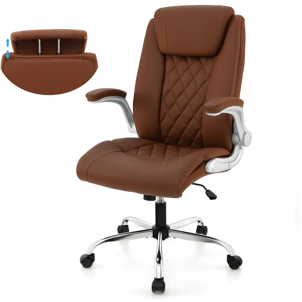 Executive Office Chair with 6-Level Headrest - Brown, PU Leather