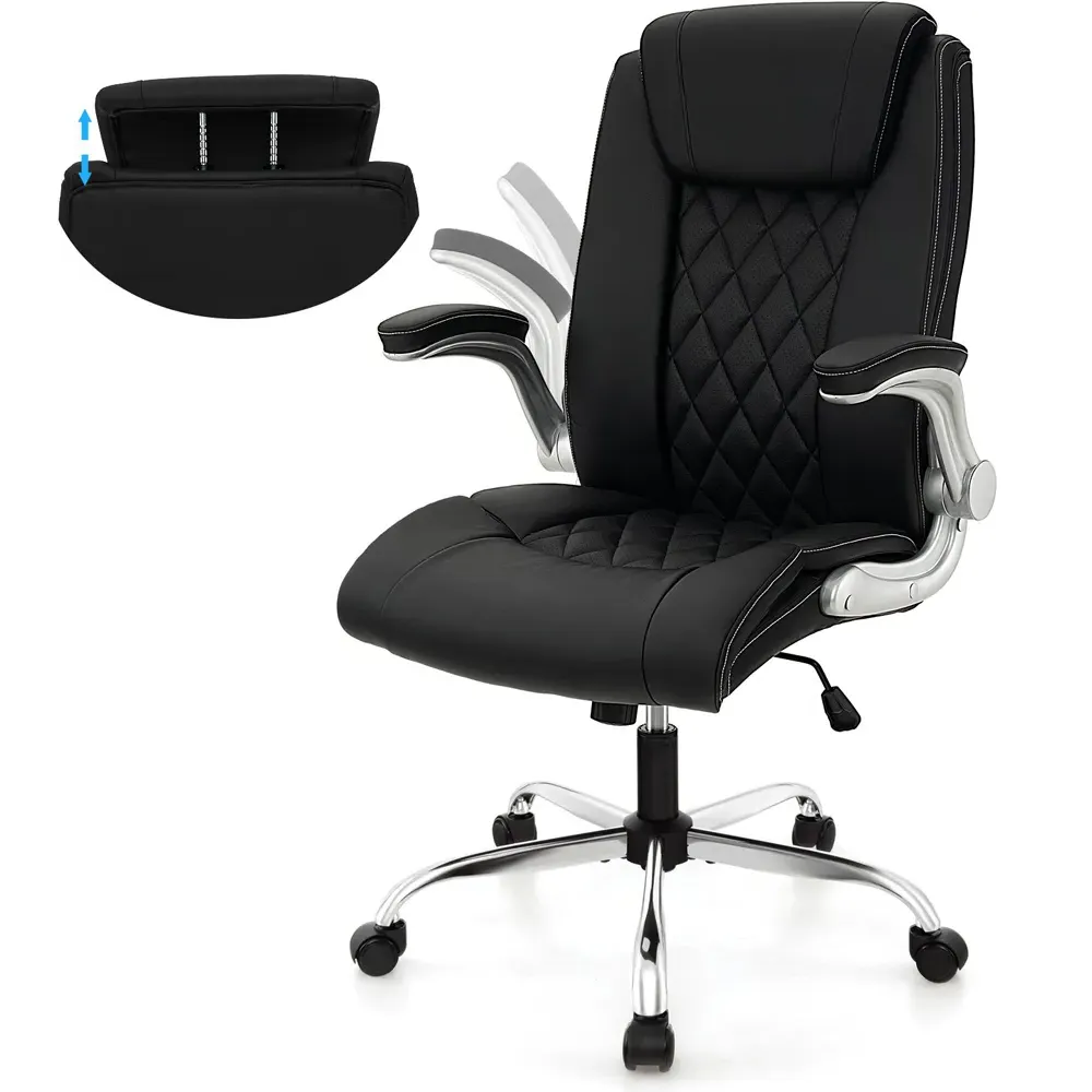 Executive Office Chair with 6-Position Headrest - Black, PU Leather