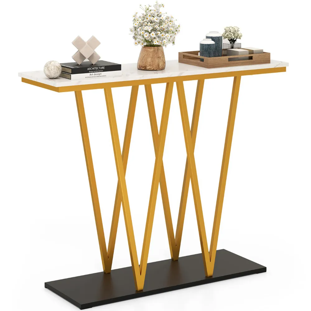 Extra Long Console Entry Table - White, Faux Marble