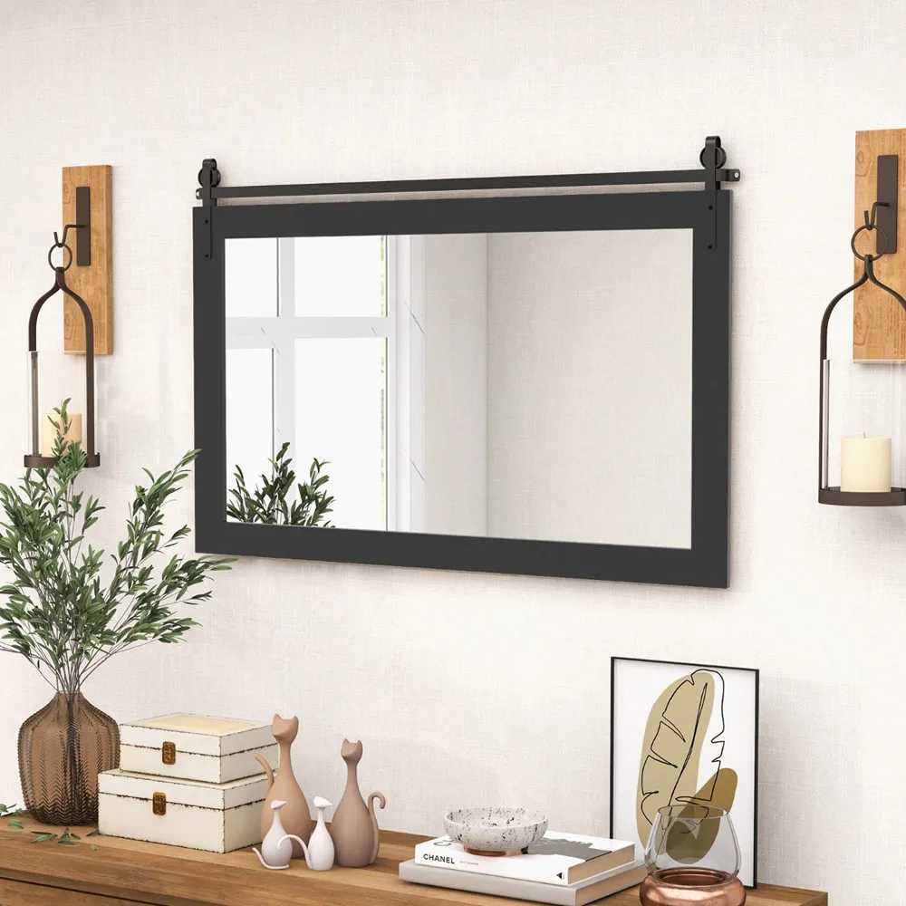 Farmhouse Wall Mirror - Black, Fir Wood