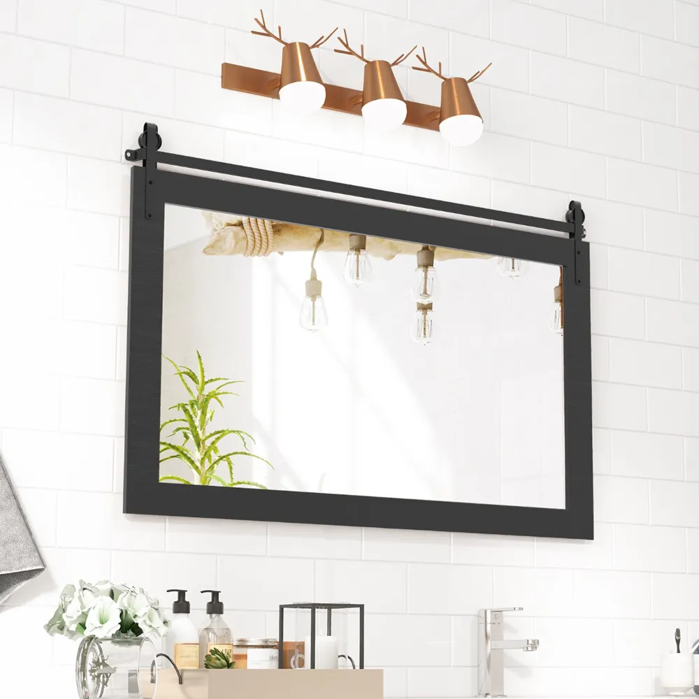 Farmhouse Wall Mirror - Black, Fir Wood