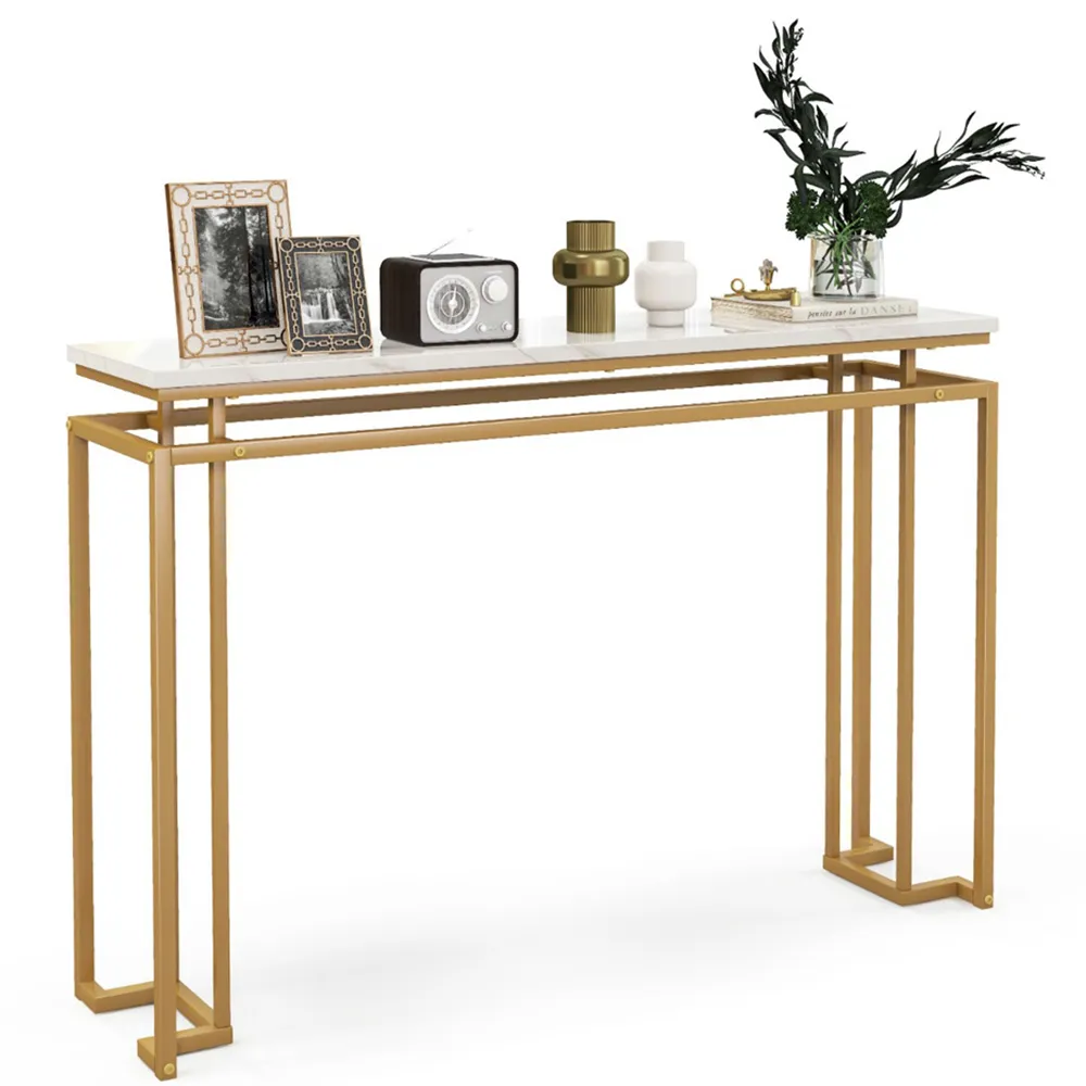 Faux Marble Console Table with Geometric Frame - White, Gold