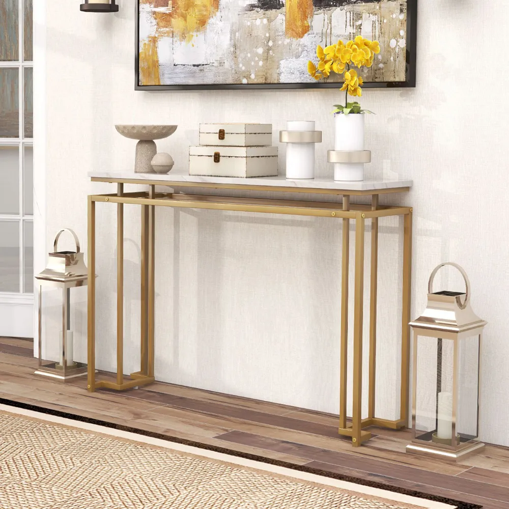 Faux Marble Console Table with Geometric Frame - White, Gold