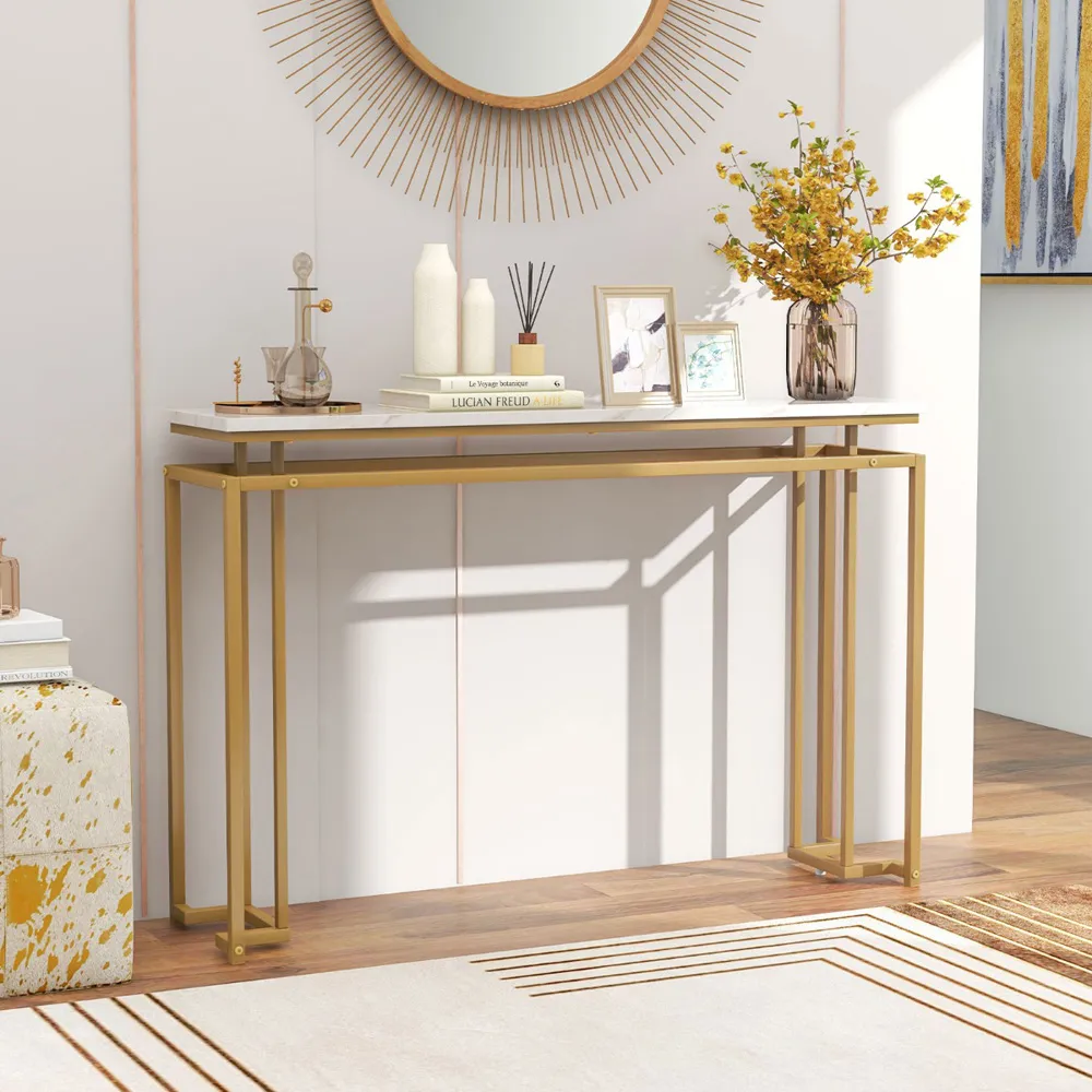 Faux Marble Console Table with Geometric Frame - White, Gold