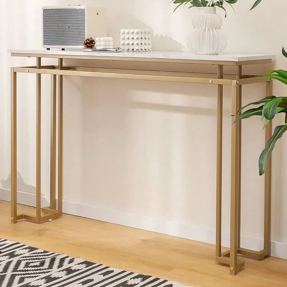 Faux Marble Console Table with Geometric Frame - White, Gold