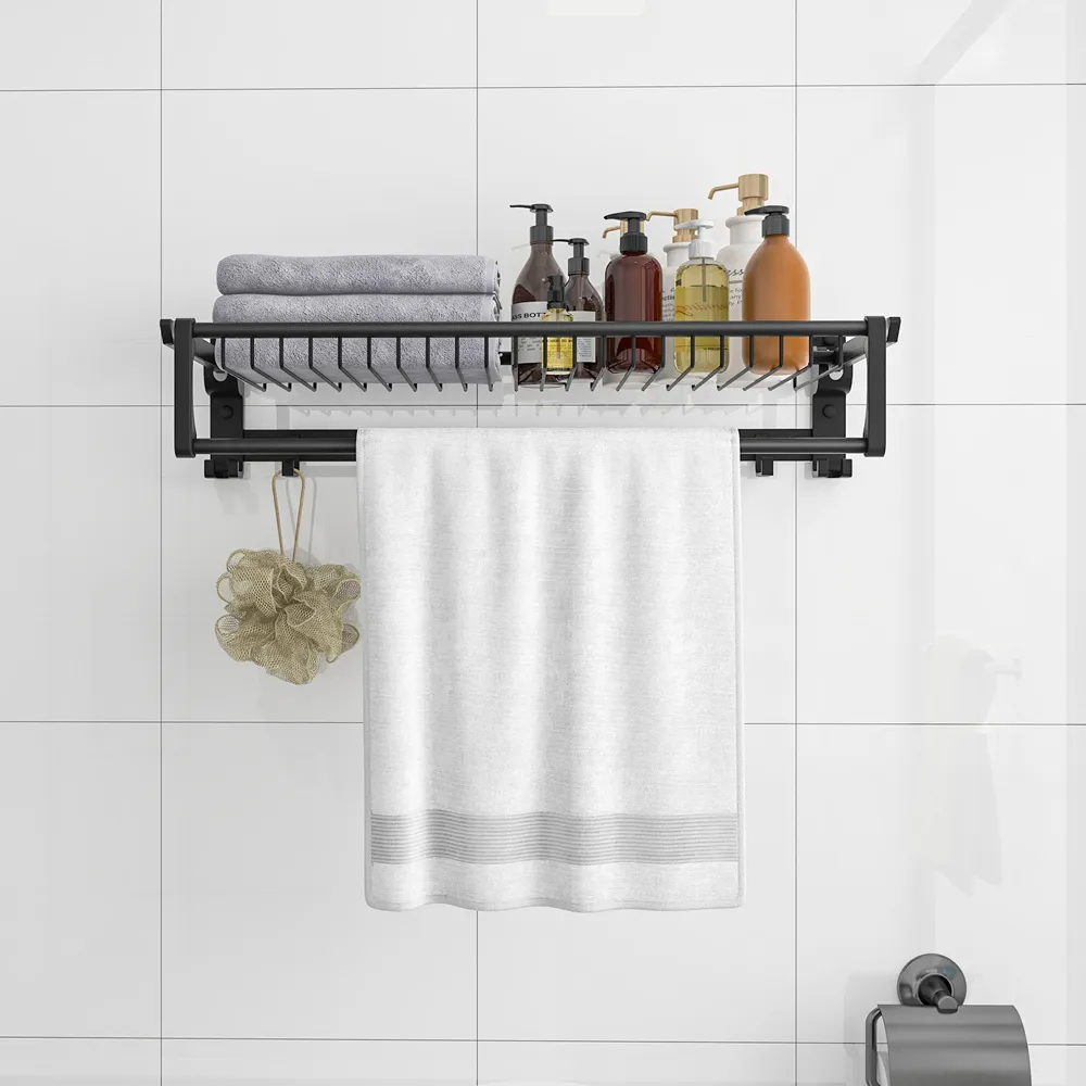Foldable Bathroom Towel Rack with Storage - Black, Aluminium