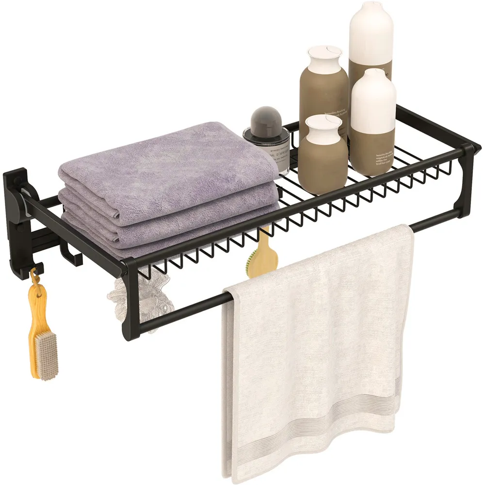 Foldable Bathroom Towel Rack with Storage - Black, Aluminium
