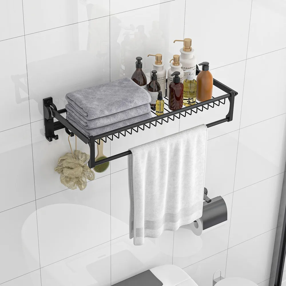 Foldable Bathroom Towel Rack with Storage - Black, Aluminium