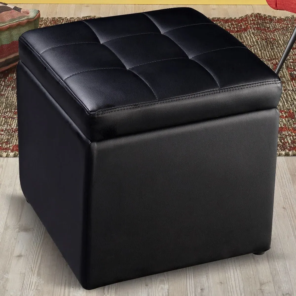 Foldable Cube Storage Ottoman - Black, PU Leather image