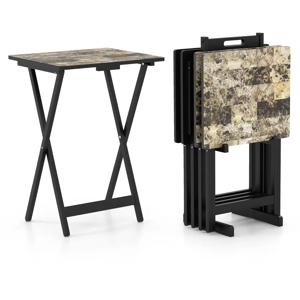 Folding Rectangular Snack Table Set with Storage - Black