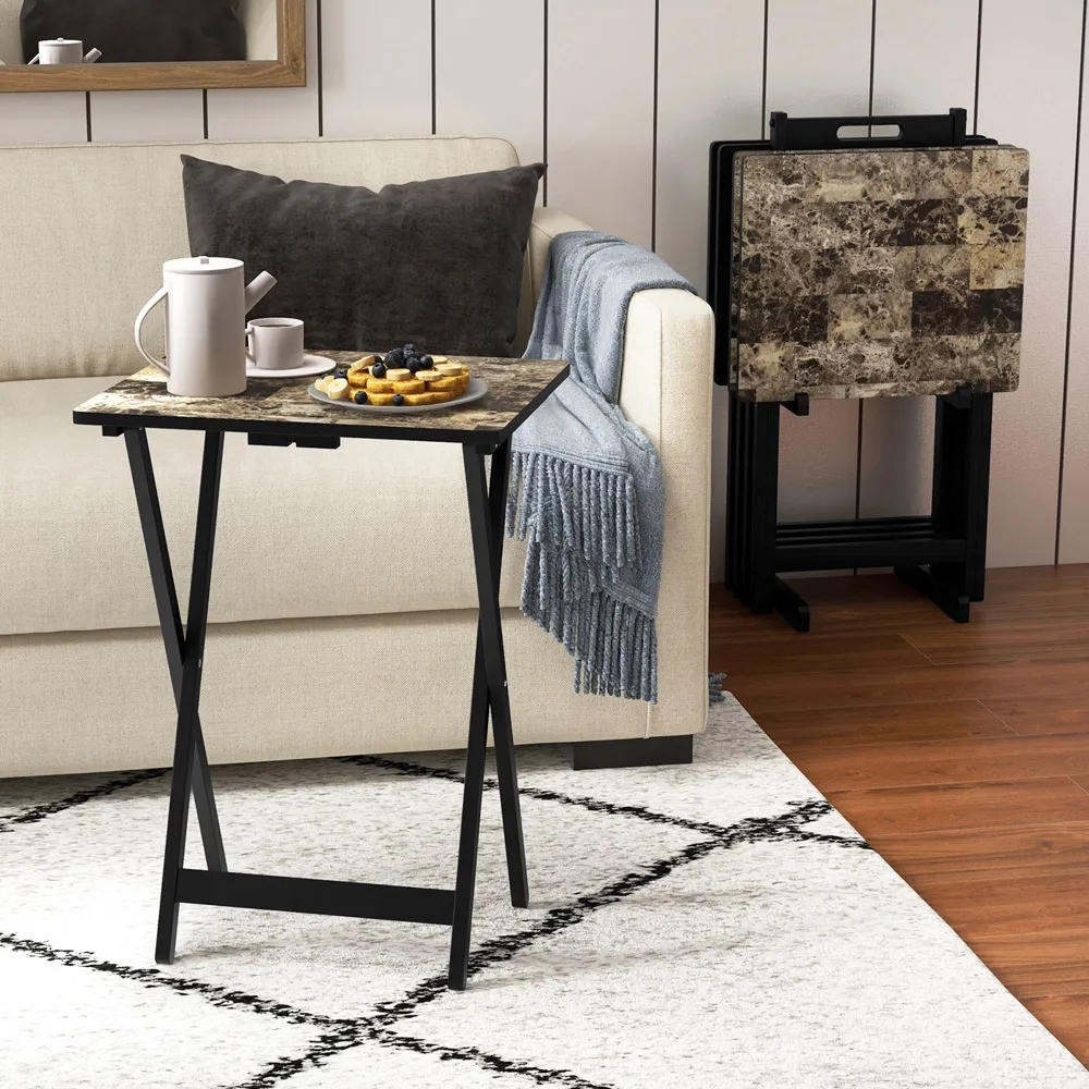 Folding Rectangular Snack Table Set with Storage - Black