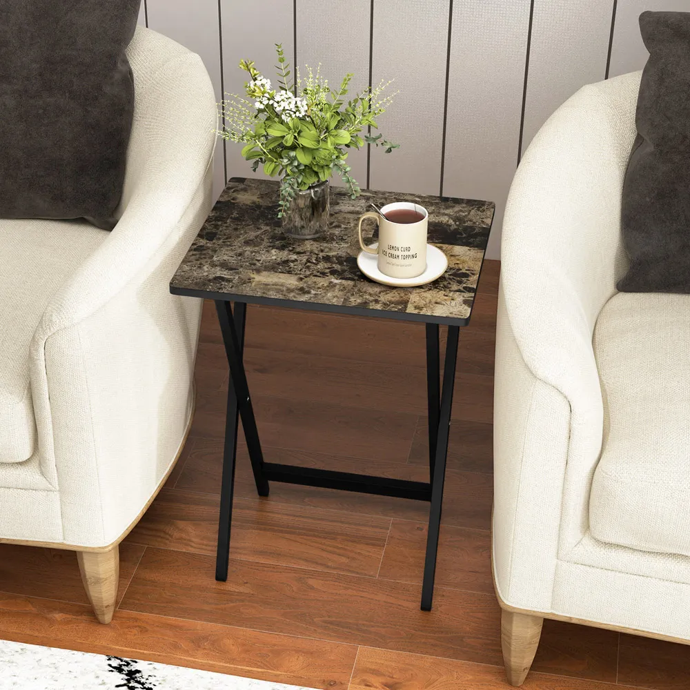 Folding Rectangular Snack Table Set with Storage - Black