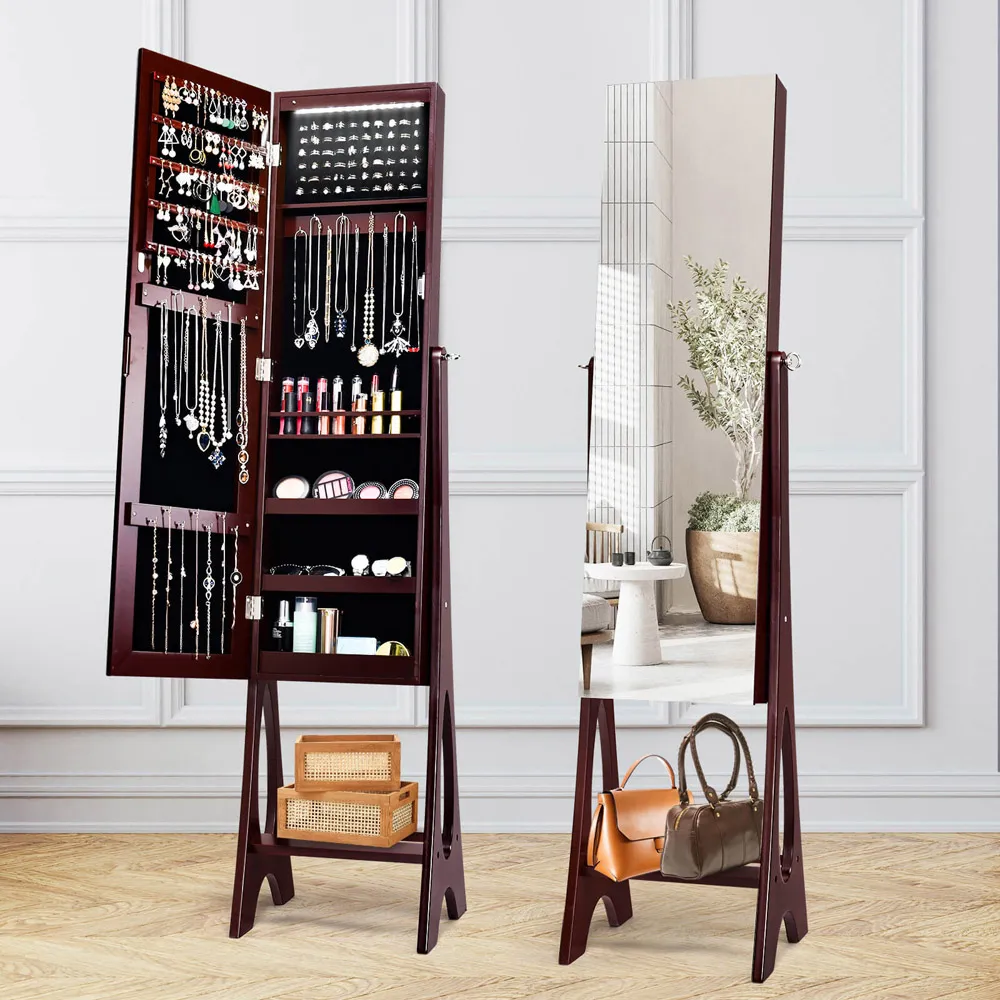 Freestanding Mirror with Jewellery Cabinet - Coffee, MDF