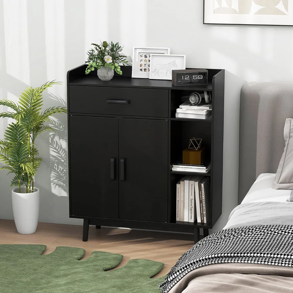Freestanding Wooden Bookcase with Storage - Black