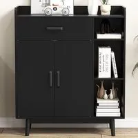 Freestanding Wooden Bookcase with Storage - Black