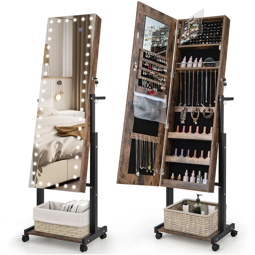 Full Length Mirror Jewellery Armoire with LED - Brown