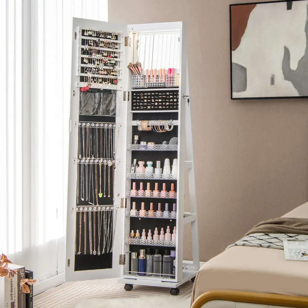 Full Length Mirror Jewellery Armoire with LED - White