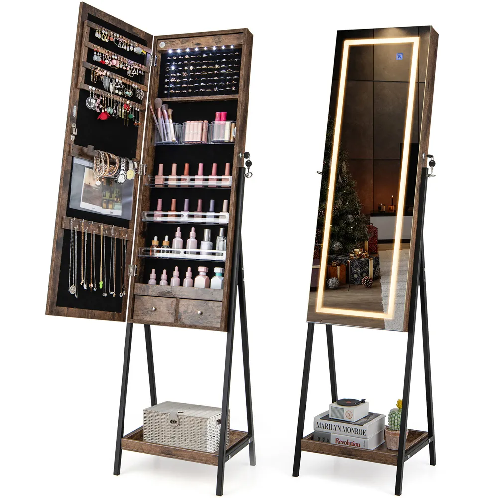 Full Length Mirror Jewellery Cabinet with LED - Brown