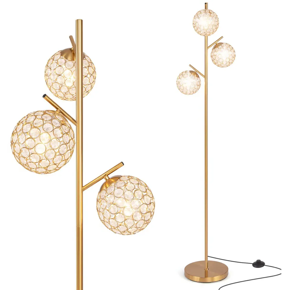 Golden 3 Globe Floor Lamp with Acrylic Lampshades - Gold