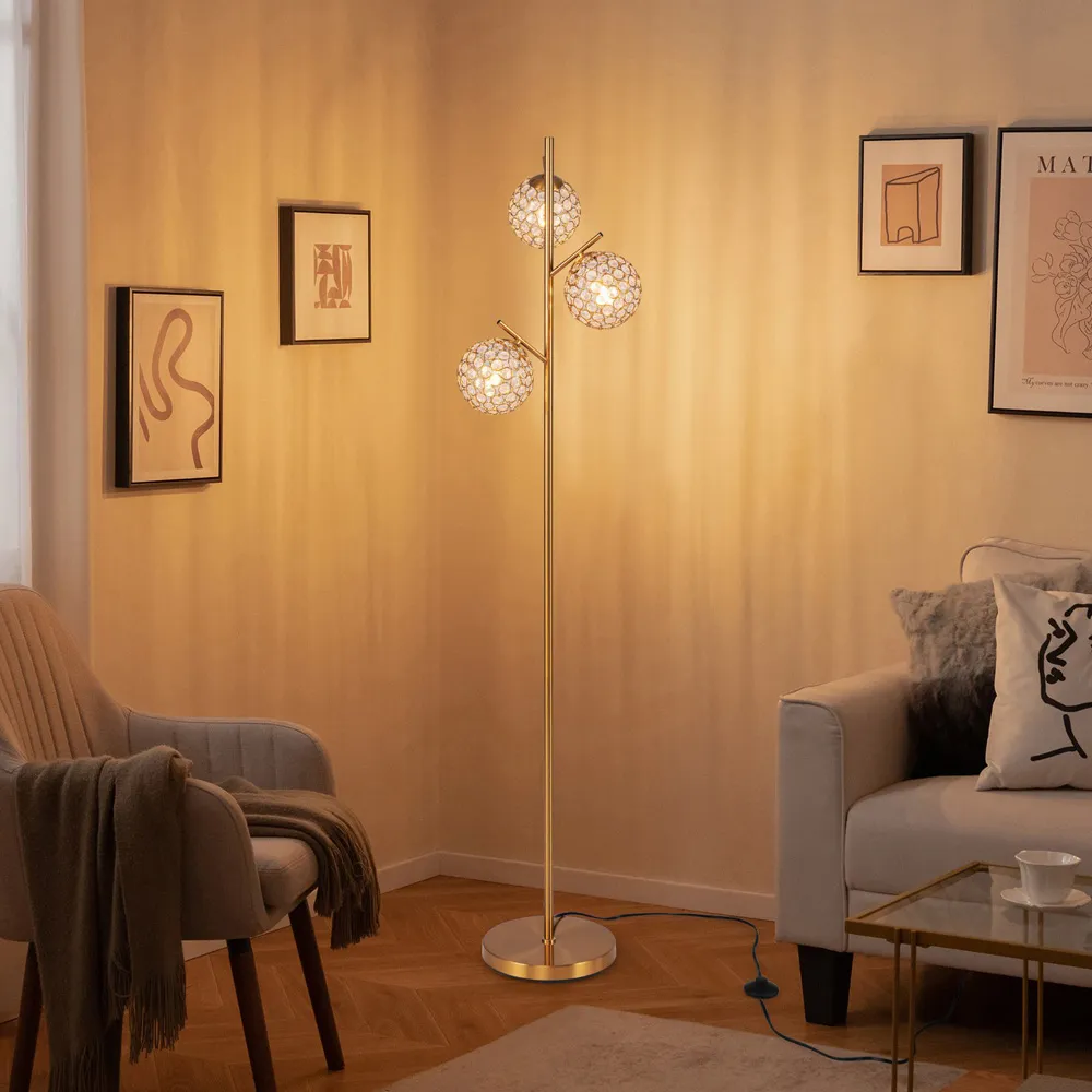 Golden 3 Globe Floor Lamp with Acrylic Lampshades - Gold