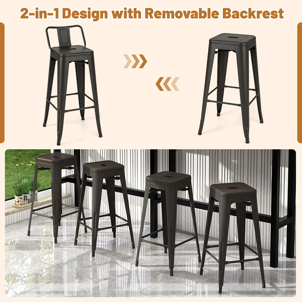Gun Metal Bar Stool with Removable Backrest Set of 4 - Black