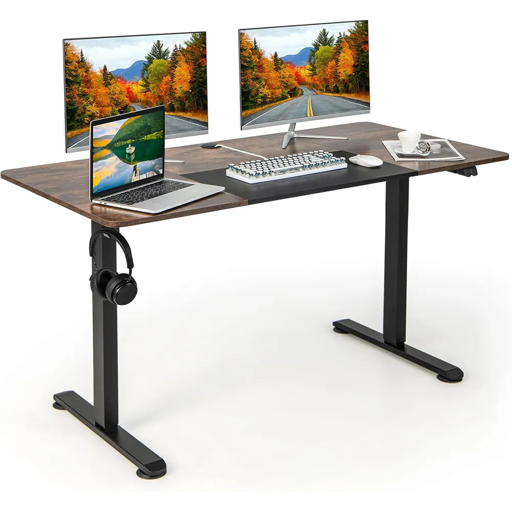 Height Adjustable Computer Desk with Headphone Hook - Brown