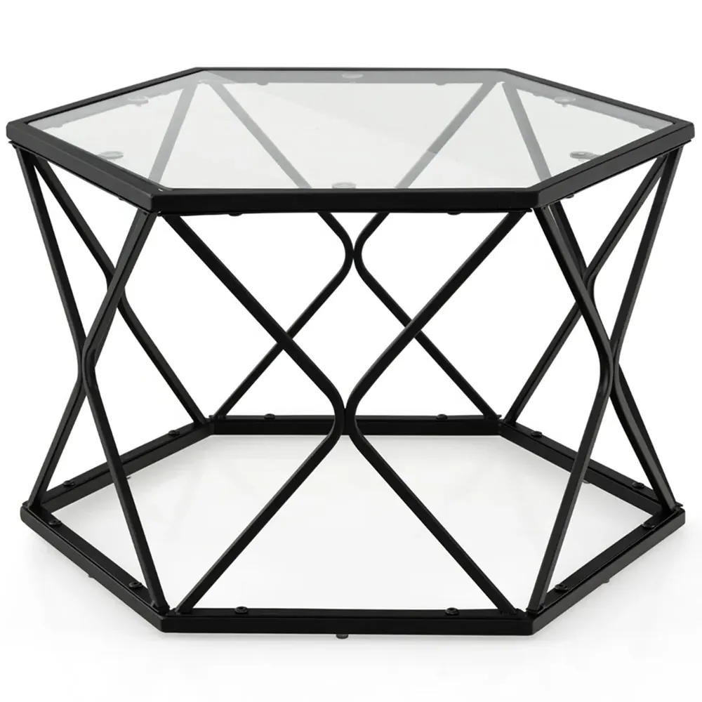 Hexagonal Coffee Table with Storage - Black, Glass