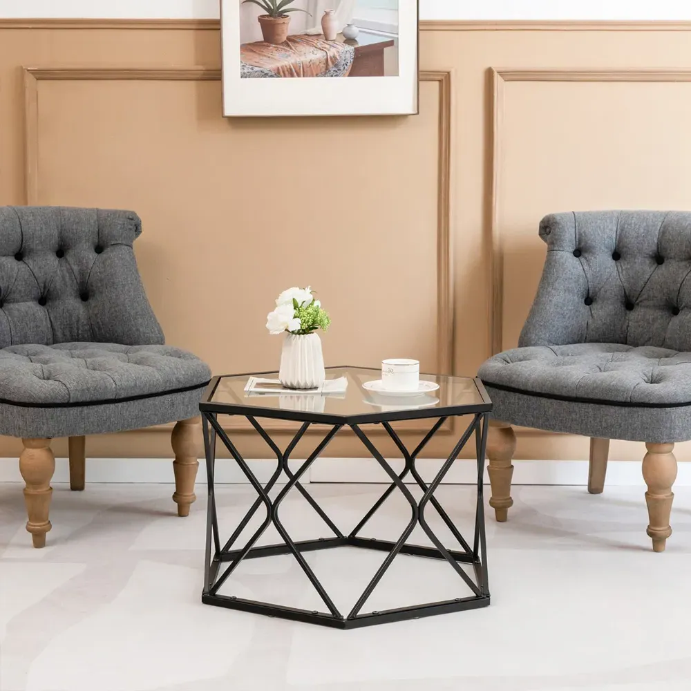 Hexagonal Coffee Table with Storage - Black, Glass