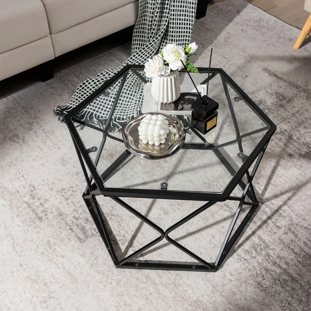 Hexagonal Coffee Table with Storage - Black, Glass