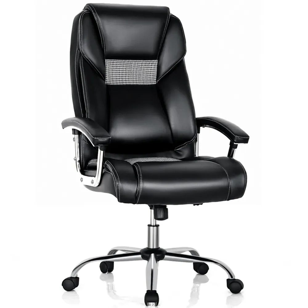 High Back Office Chair with Armrests - Black, PVC Leather