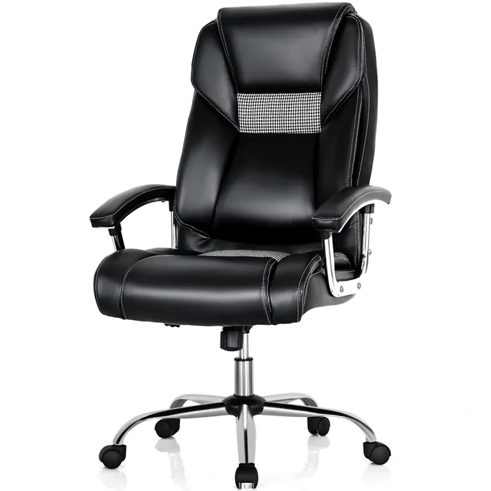High Back Office Chair with Armrests - Black, PVC Leather