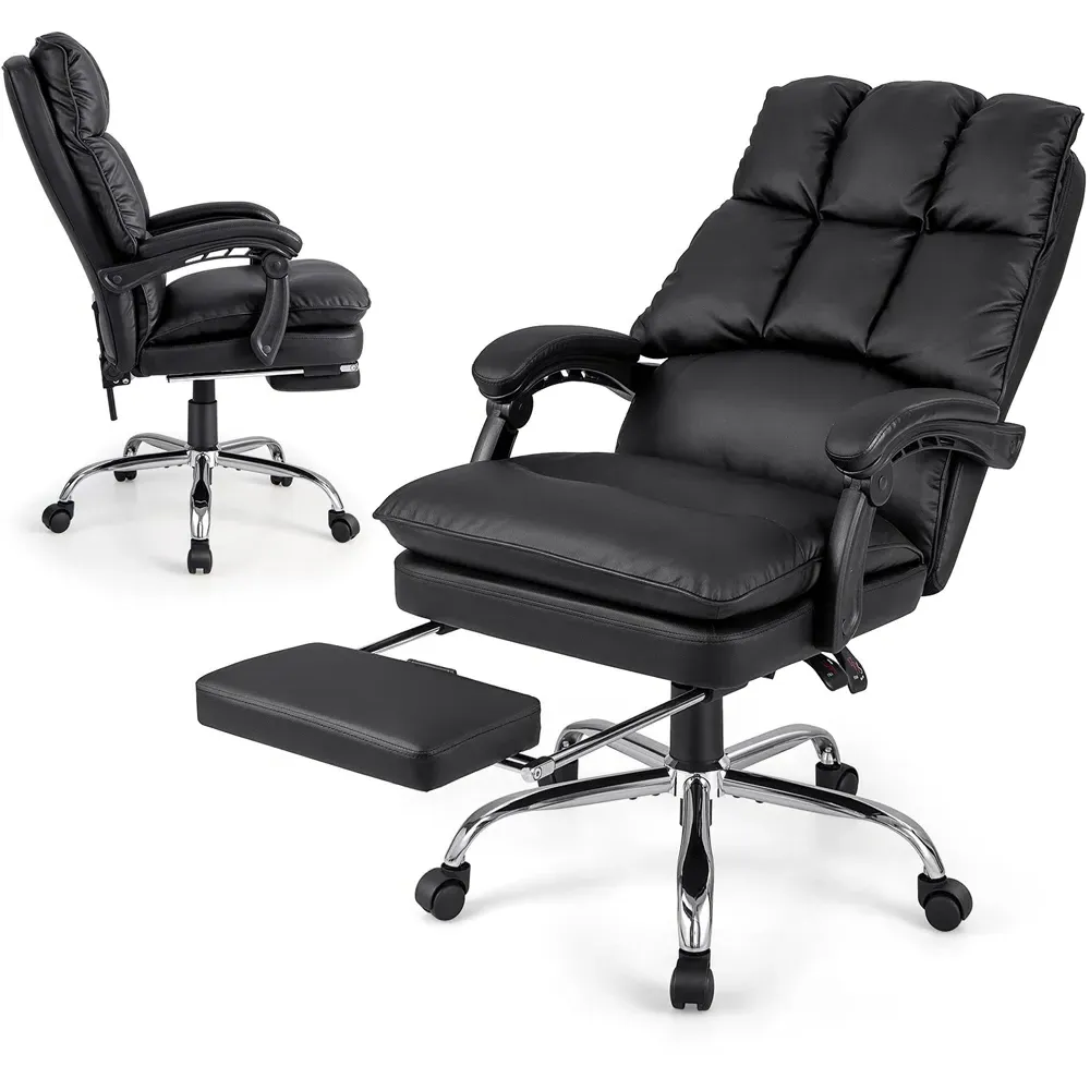 High Back Rolling Computer Chair with Footrest - Black