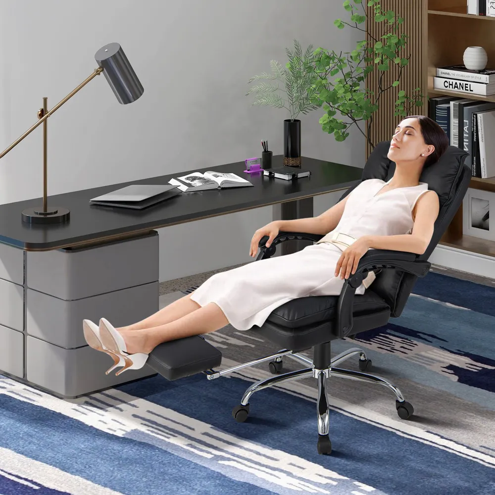 High Back Rolling Computer Chair with Footrest - Black