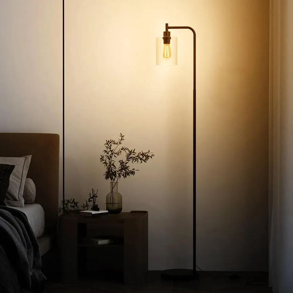 Industrial Floor Lamp with Glass Lampshade - Black