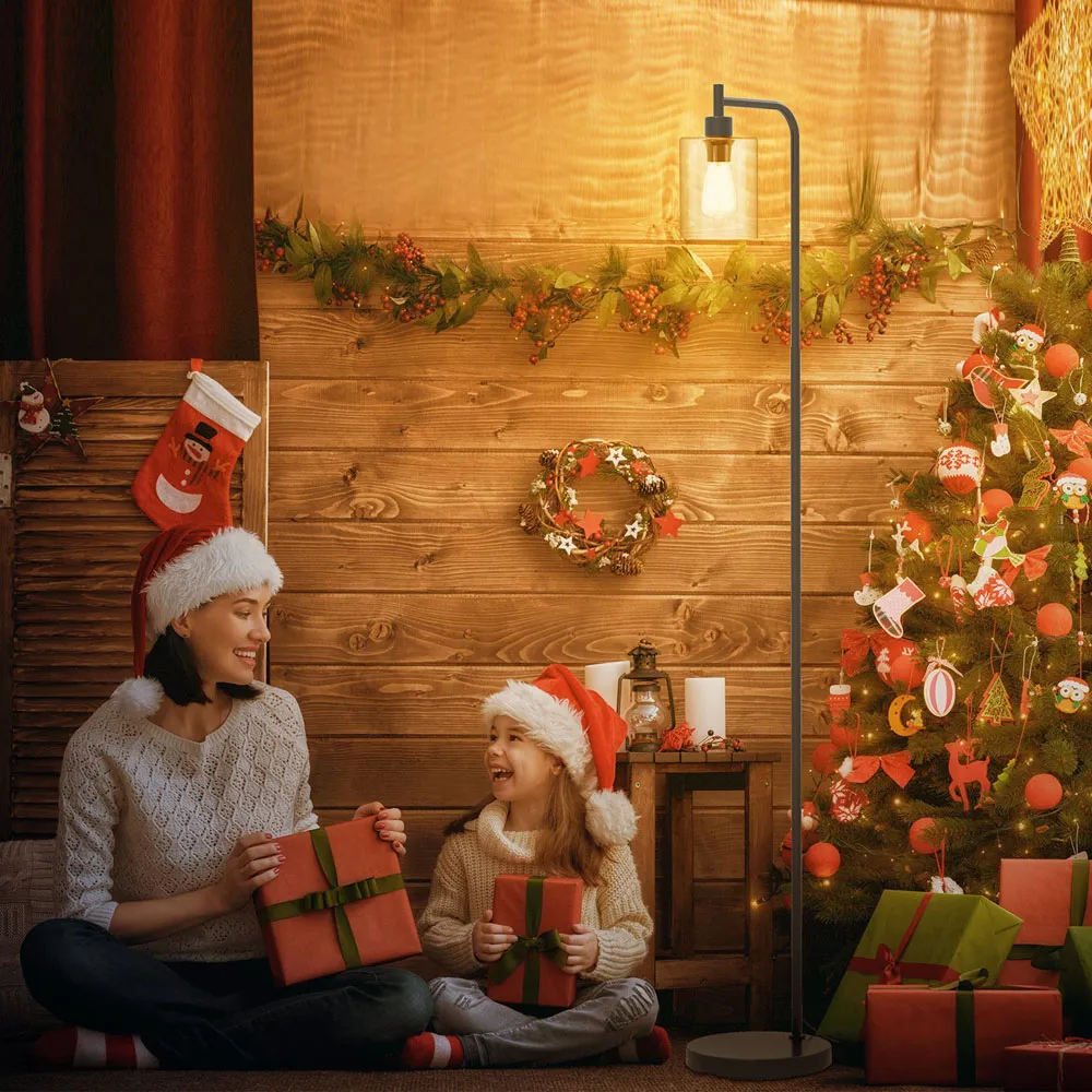 Industrial Floor Lamp with Glass Lampshade - Black