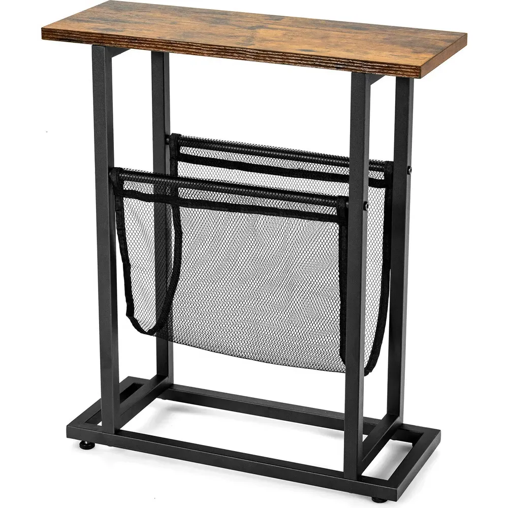 Industrial Sofa Side Table with Mesh Magazine Holder - Multi