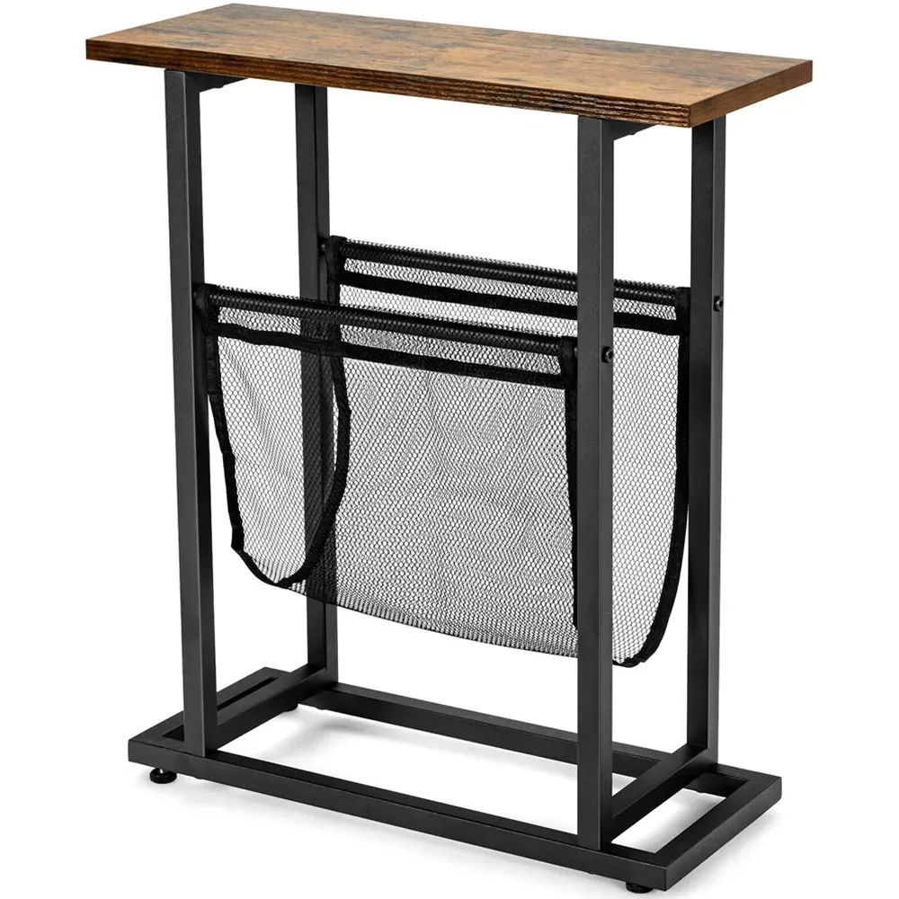 Industrial Sofa Side Table with Mesh Magazine Holder - Multi